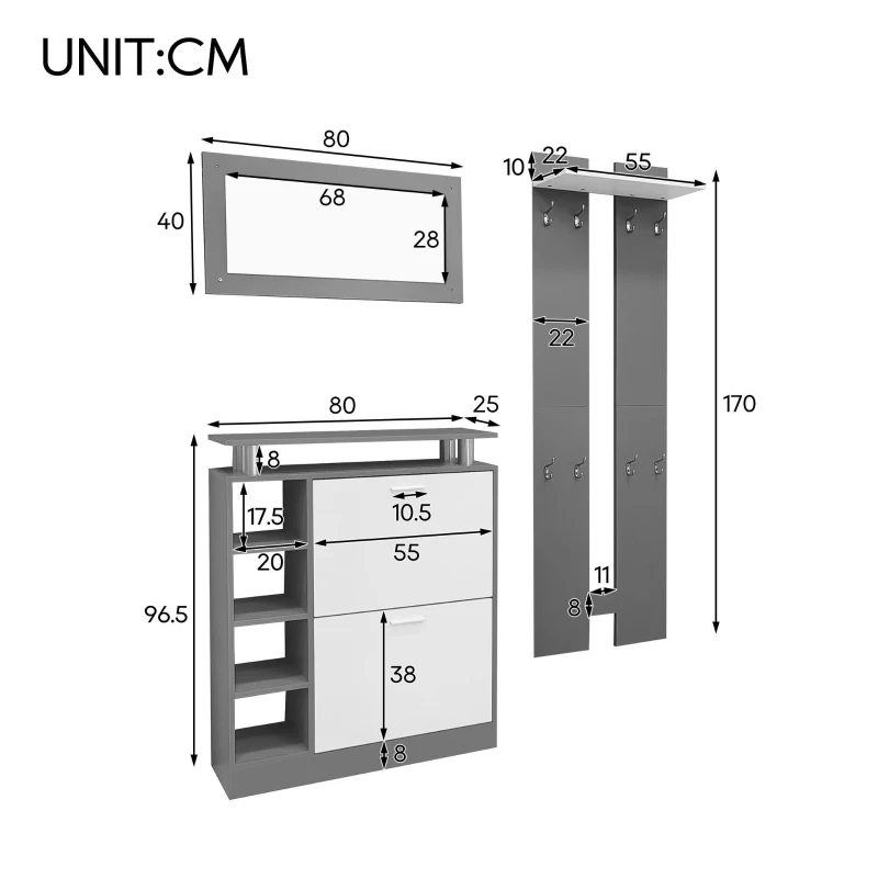 Garderoben Set mit Spiegel, 2 Wandpaneelen, Regalwand und Schuhschrank für kleine Räume, Weiß+Grau