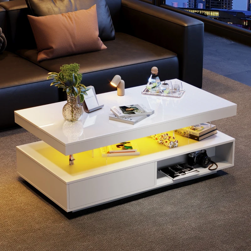 Table basse blanc brillant avec 4 inserts en verre, 2 tiroirs et 2 compartiments ouverts,Blanc