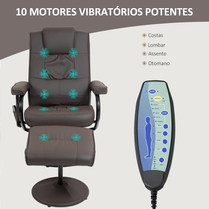 HOMCOM Poltrona de Massagem Elétrica com Banco para Apoiar os Pés Poltrona Relax Giratório Reclinável em até 145° com Controle Remoto e 10 Zonas de Massagem Estofado em PU 77x84x95 cm Marrom Escuro