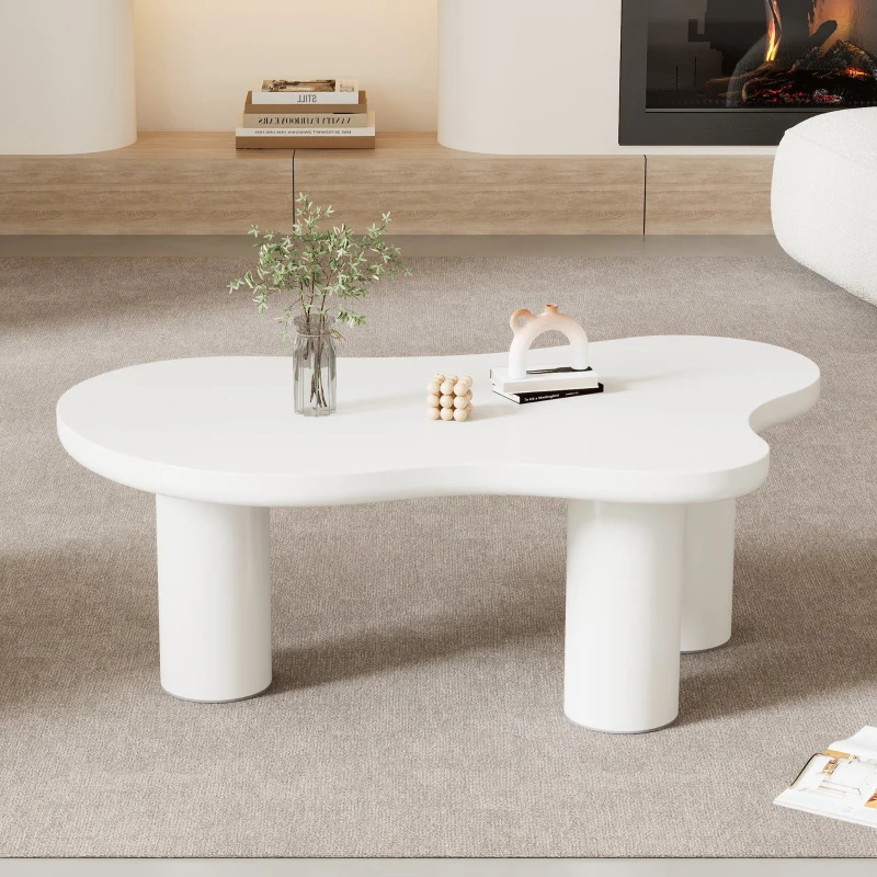 Table basse irrégulière en forme de nuage, plateau en MDF et pieds en PVC, avec sous-couche en feutre, Blanc