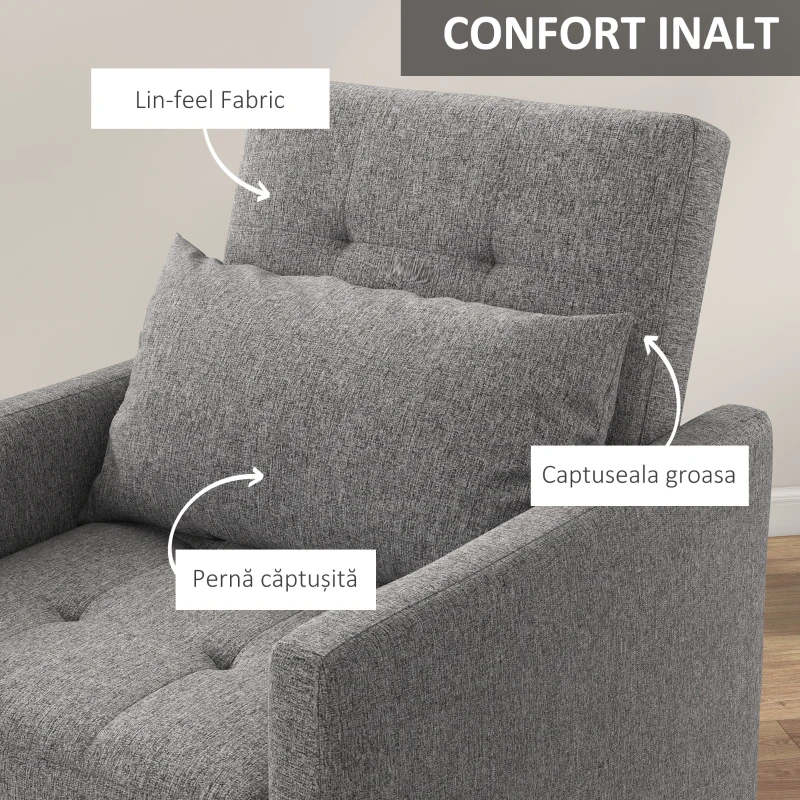 HOMCOM Fotoliu Pat Individual cu Spătar Reglabil pe 3 Nivele și Pernă, Canapea Pat pentru Sufragerie, 69x82,5x84 cm, Gri(m-5)