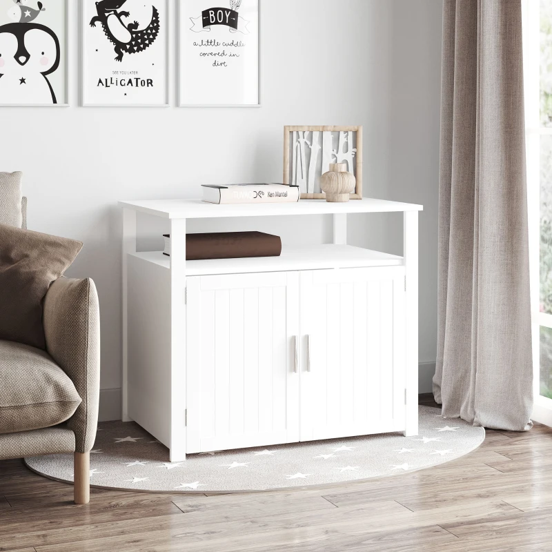 PawHut Wooden Cat Litter Box Enclosure Furniture with Adjustable Interior Wall & Large Tabletop for Nightstand, White