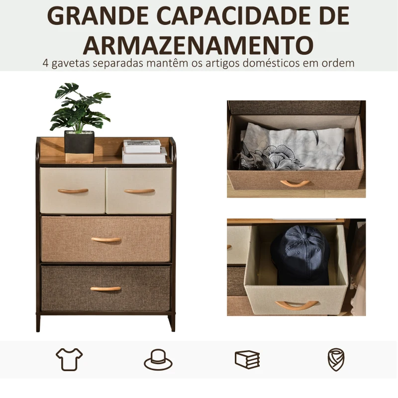 HOMCOM Cómoda de Tecido com 4 Cestos Removíveis e Dobráveis Base Elevada Móvel de Armazenamento 58x29x78,5 cm  Multicor
