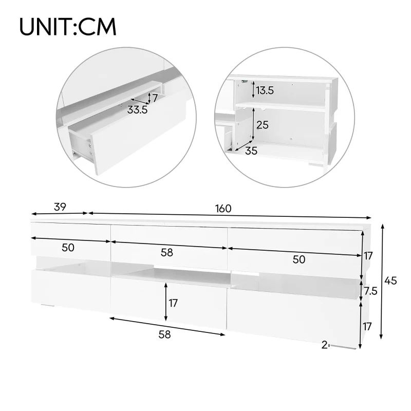 Meuble TV moderne en laqué brillant avec éclairage LED, compartiment ouvert, insert en verre acrylique,Blanc(m-3)