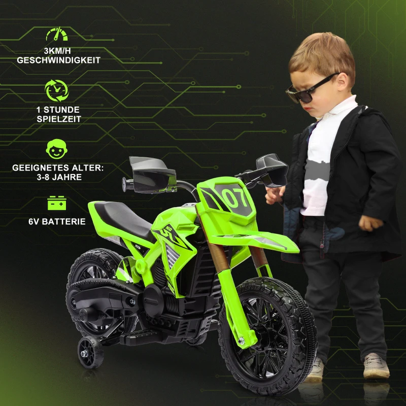 AIYAPLAY Elektrische Kindermotor met Steunwielen, Claxon en Startgeluid voor Kinderen 3-8 Jaar, Groen(m-4)