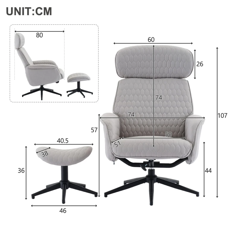 Fauteuil relax réglable gris avec repose-pieds, appuie-tête réglable en hauteur, Gris