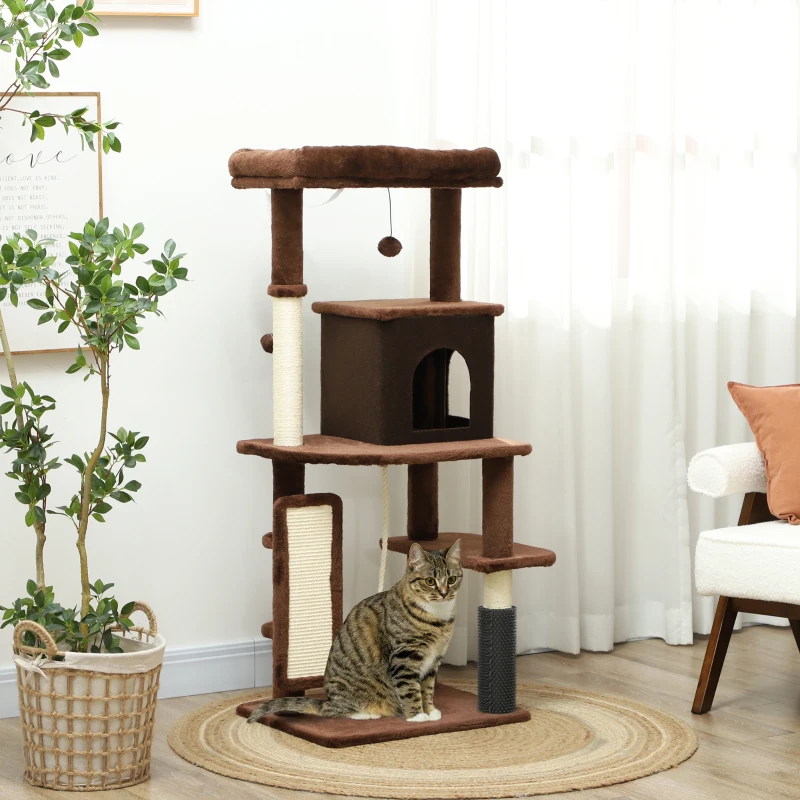 PawHut Arranhador para Gatos Grande Altura 132 cm com Plataformas Postes com Escova Bolas Suspensas e Almofadas para Arranhar Marrom