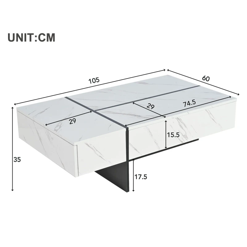 Tavolino da Salotto Moderno con 3 Cassetti e Illuminazione LED, Elegante Motivo Marmo, Gambe Irregolare, 105x60x35 cm, Bianco