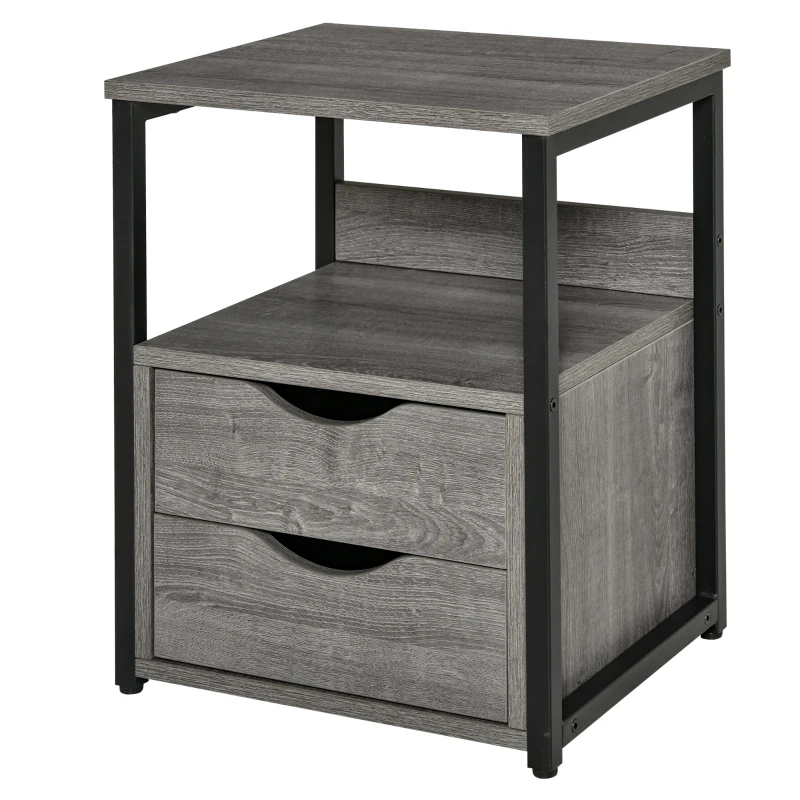 HOMCOM Industrial Side Table with Drawer, Sofa Table, Bedside Cabinet with Storage Shelf, Slim Nightstand for Living Room, Bedroom, Grey