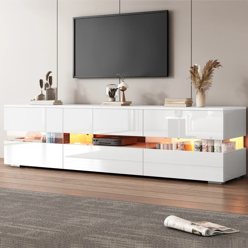 Meuble TV moderne en laqué brillant avec éclairage LED, compartiment ouvert, insert en verre acrylique,Blanc(m-4)