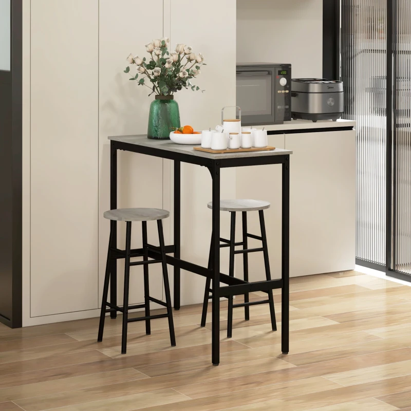 HOMCOM 3 Piece Bar Table Set with 2 Stools, Industrial Bar Table and Stool Set, Dining Table and Chair Set, Grey