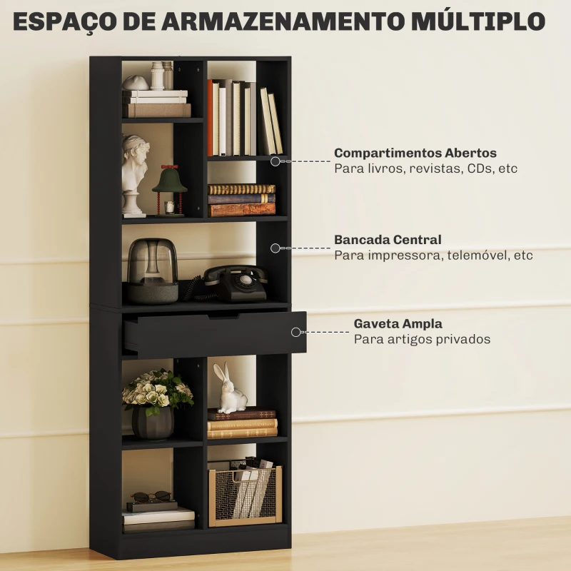 HOMCOM Estante de Madeira Estante para Livros com 1 Gaveta e 9 Compartimentos de Armazenamento 60x26x158 cm Preto