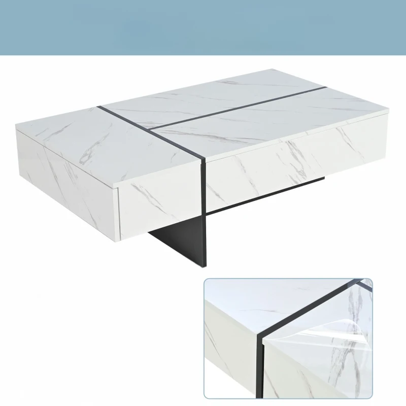 Tavolino da Salotto Moderno con 3 Cassetti e Illuminazione LED, Elegante Motivo Marmo, Gambe Irregolare, 105x60x35 cm, Bianco