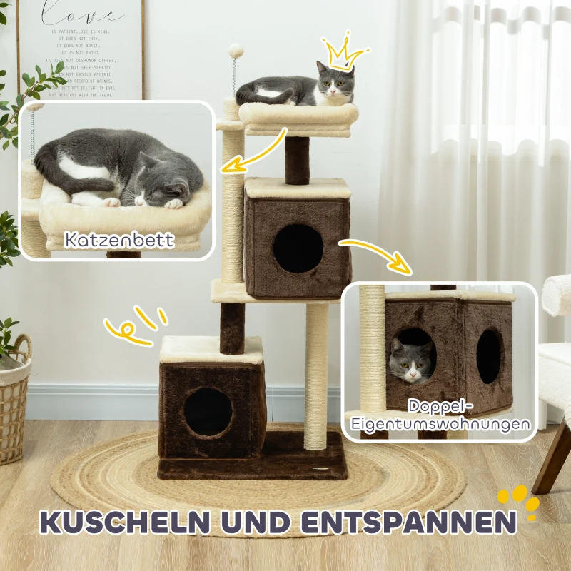 PawHut Kattenboom, deelbare kattentoren met krabpalen, springplatforms, voor binnenshuis, Donkerbruin+Beige