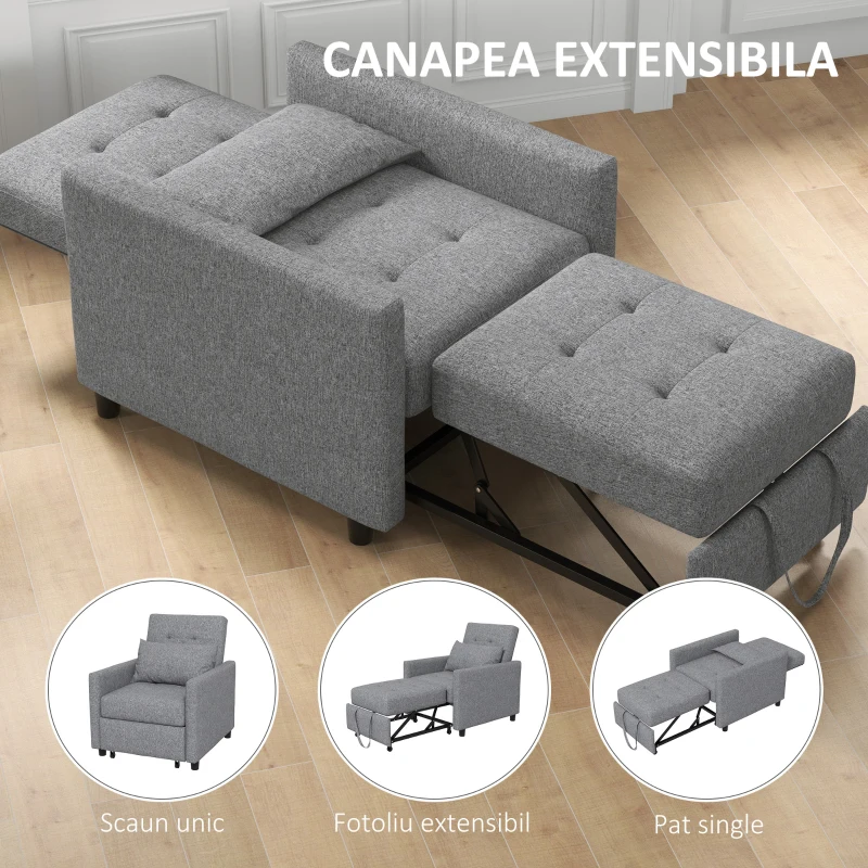 HOMCOM Fotoliu Pat Individual cu Spătar Reglabil pe 3 Nivele și Pernă, Canapea Pat pentru Sufragerie, 69x82,5x84 cm, Gri(m-4)
