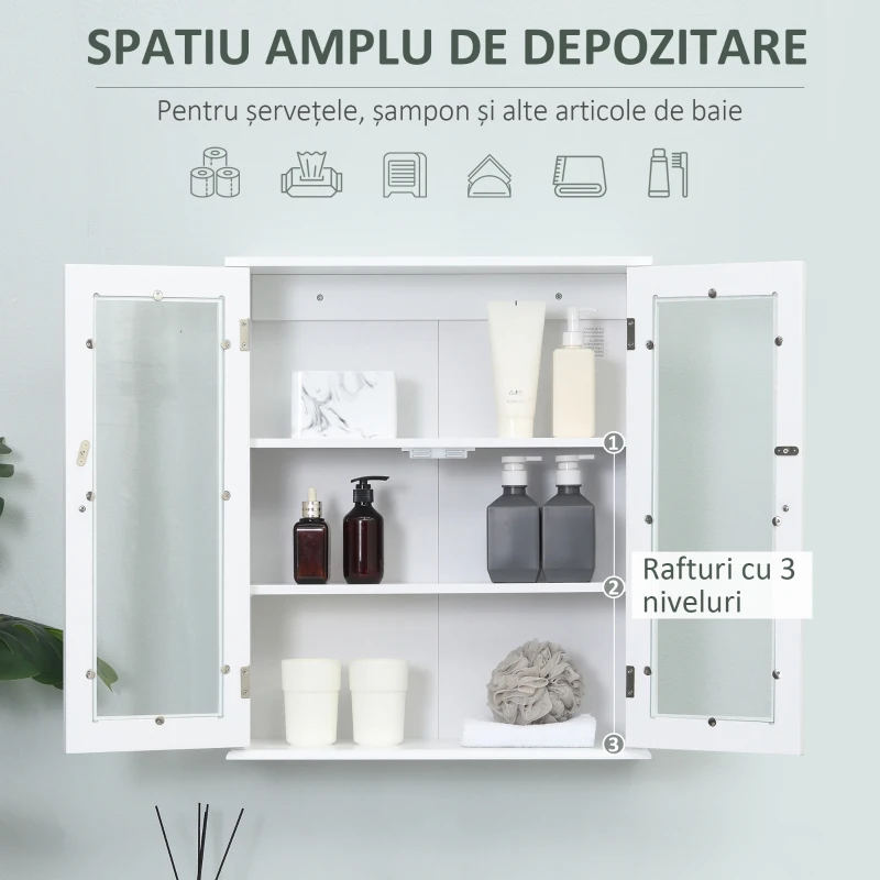 Kleankin Dulap de Baie Suspendat cu 2 Uși din Lemn și Sticlă, Dulap de Perete Multifuncțional, 55x20x65 cm, Alb