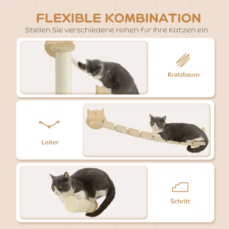 PawHut 3-delige Kattenklimset, wandgemonteerde Kattenboom met Krabpaal, Traptrede, Ladder, Natuurhout