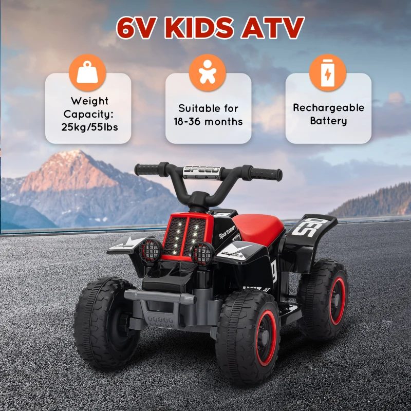 AIYAPLAY 6V Electric Quad Bike for Kids, Ride On ATV w/ Forward/Reverse, Headlights, for Ages 18-36 Months, Black