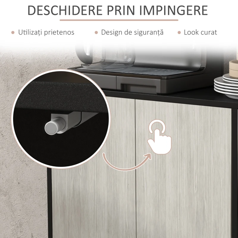 HOMCOM Bufet Modern cu 2 Dulapuri și Raft Reglabil, Mobilier Bucătărie cu 4 Uși și Picioare din Pin, 121x37x75 cm, Negru
