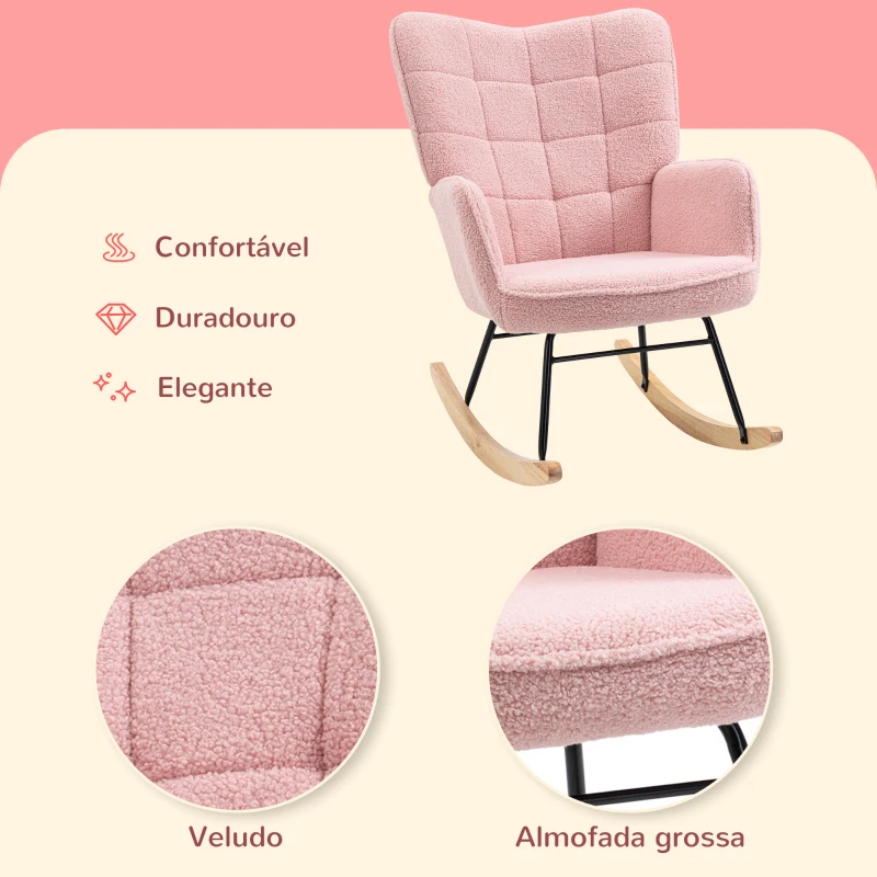 HOMCOM Poltrona Baloiço em Borrego com Oscilação de 40° Pés de Madeira de Faia e Estrutura de Aço 71x98x101 cm Rosa