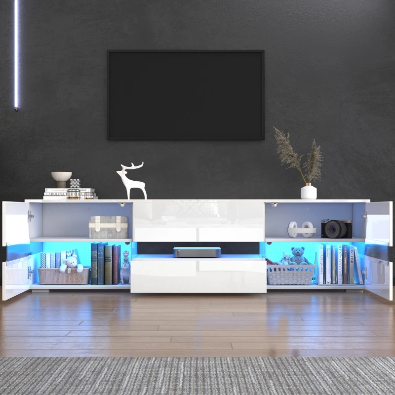 Meuble TV moderne en laqué brillant avec éclairage LED, compartiment ouvert, insert en verre acrylique,Blanc(m-5)