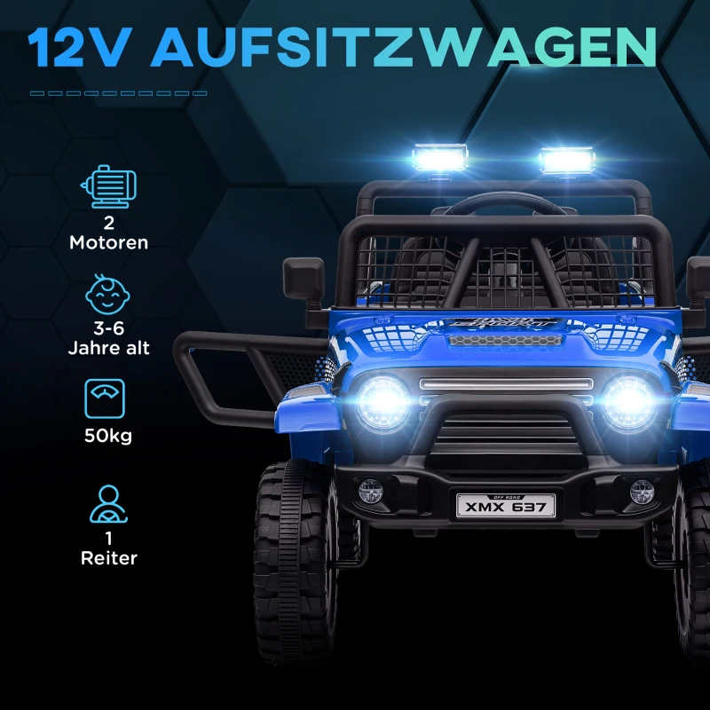 AIYAPLAY Elektrische Kinderauto met Zachte Veren, Afstandsbedienbaar, LED-Lichten, Toeter, 12V Motoren, van Kunststof en Metaal, Blauw(m-4)