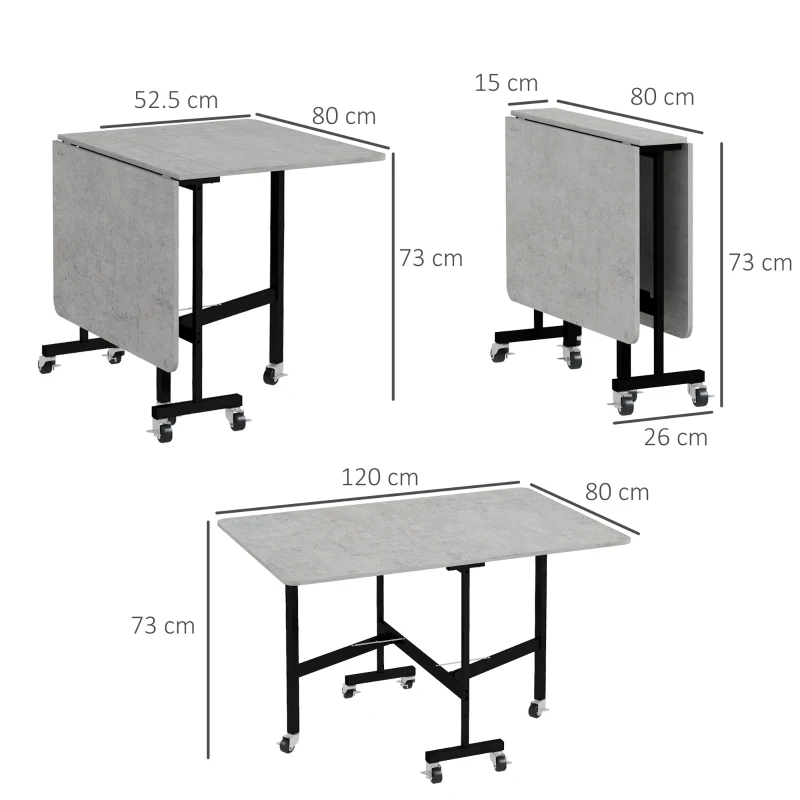 HOMCOM Masă Pliabilă pentru 4-6 Persoane, Masă de Bucătărie Modernă cu Spațiu Economic și 6 Roți, 120x80x73 cm, Gri(m-3)