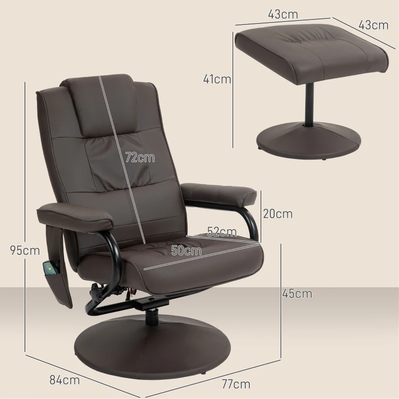HOMCOM Poltrona de Massagem Elétrica com Banco para Apoiar os Pés Poltrona Relax Giratório Reclinável em até 145° com Controle Remoto e 10 Zonas de Massagem Estofado em PU 77x84x95 cm Marrom Escuro