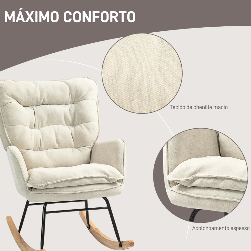 HOMCOM Poltrona Baloiço Estofada em Chenilla com Pés de Madeira de Faia e Apoio para os Braços para Lactância  71x98,5x97 cm Bege