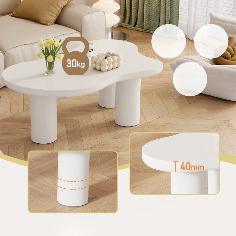 Table basse irrégulière en forme de nuage, plateau en MDF et pieds en PVC, avec sous-couche en feutre, Blanc