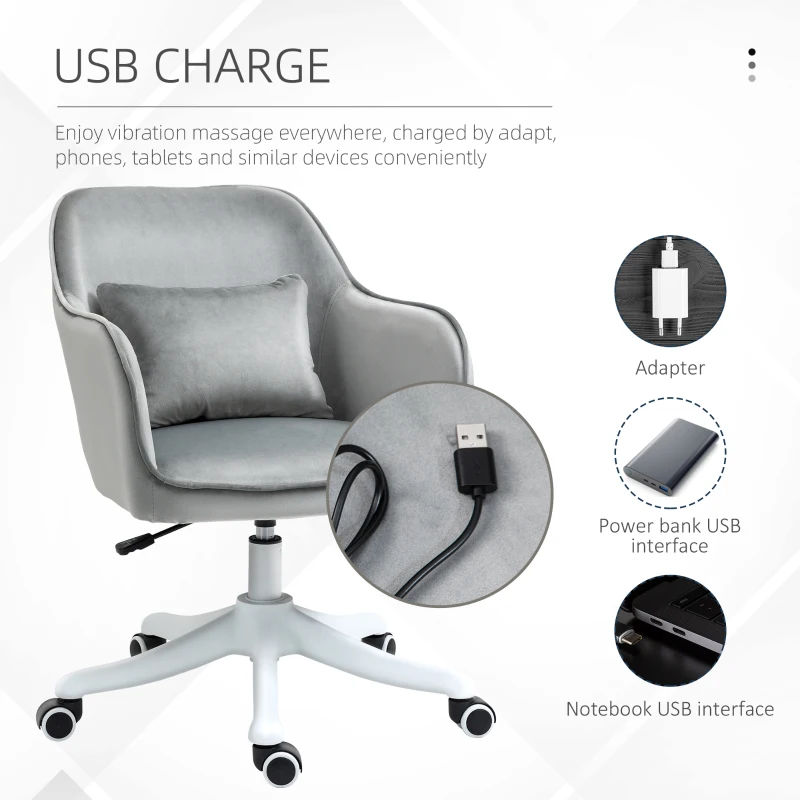Vinsetto Velvet Office Chair, Desk Chair, Makeup Vanity Chair with Massage Lumbar Pillow and Rolling Wheels for Bedroom and Home, Grey