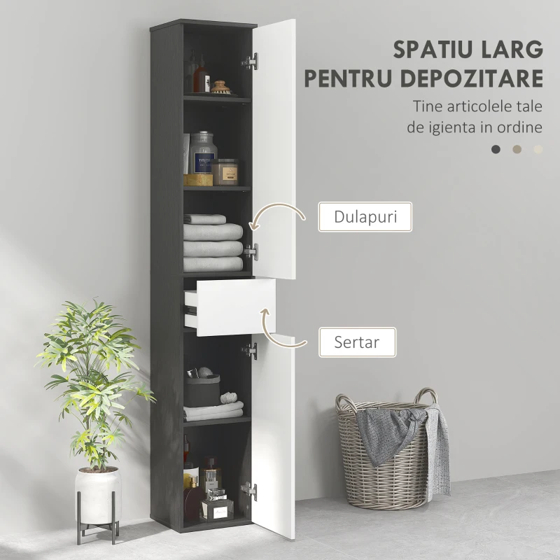 Kleankin Coloană de Baie Înaltă, Mobilier cu 2 Dulapuri, Sertar și Rafturi Reglabile din Lemn, 30x28x180 cm, Negru(m-4)