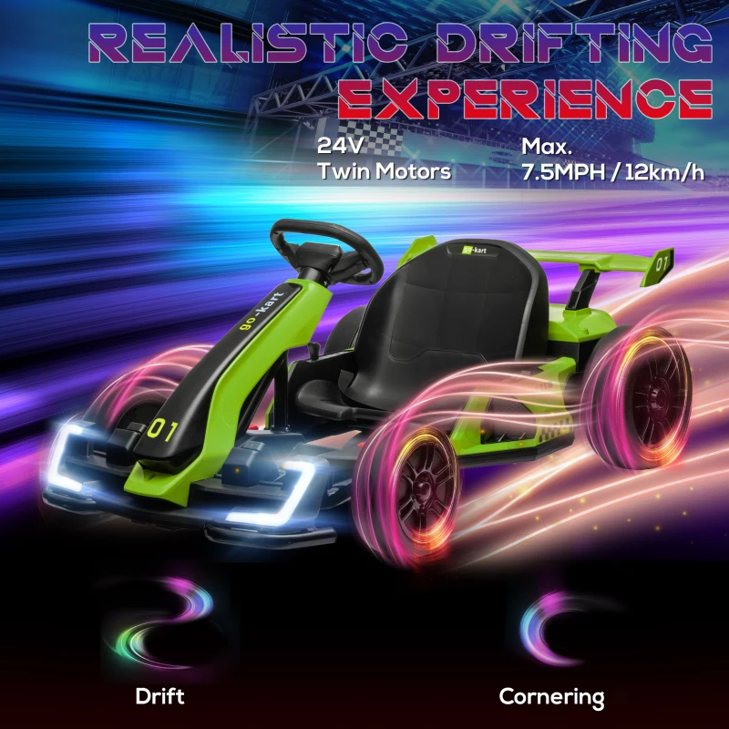 HOMCOM 24V Electric Go Kart for Kids with Adjustable Seat for 6-12 Years, Green