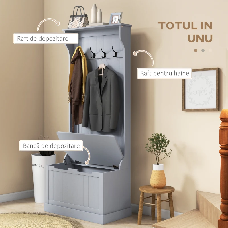 HOMCOM Cuier 3 în 1 cu 4 Cârlige, Bancă Depozitare și Cuier, Mobilier cu Spațiu de Depozitare, 71,5x39,5x170 cm, Gri(m-4)