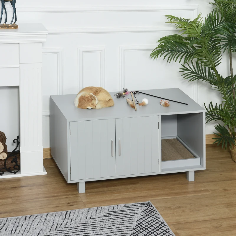 PawHut Wooden Cat Litter Box Enclosure & House with Nightstand/End Table Design, Scratcher, & Magnetic Doors, Grey