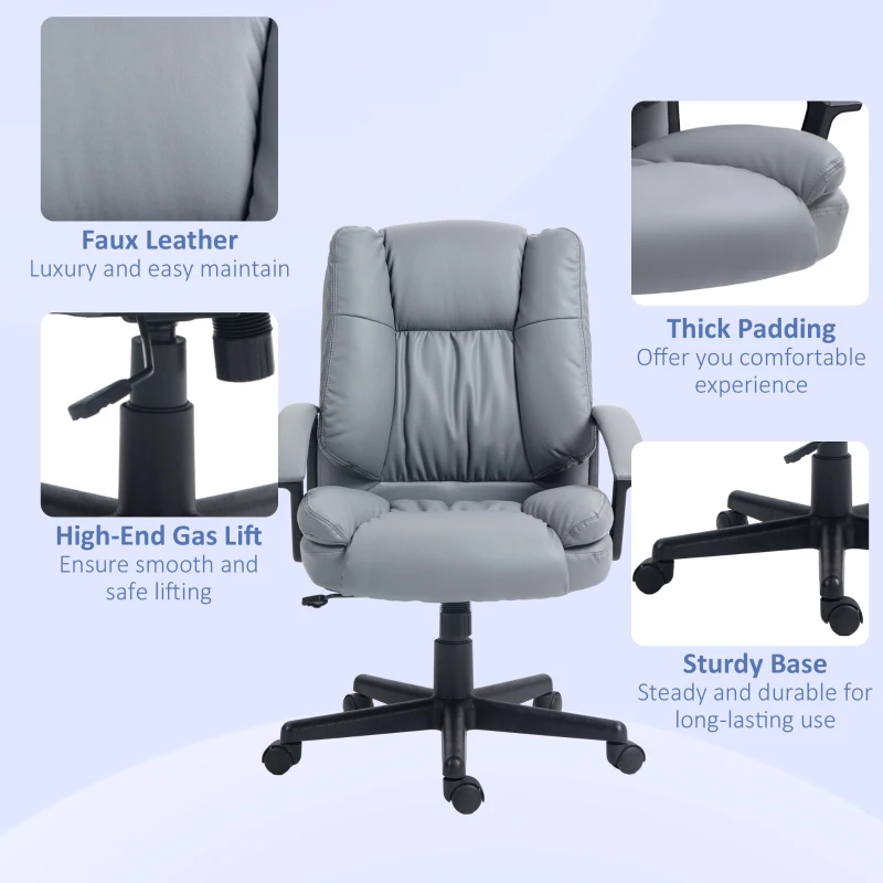 HOMCOM Office Chair, Faux Leather Computer Desk Chair, Mid Back Executive Chair with Adjustable Height and Swivel Rolling Wheels for Home Study, Light Grey(m-7)