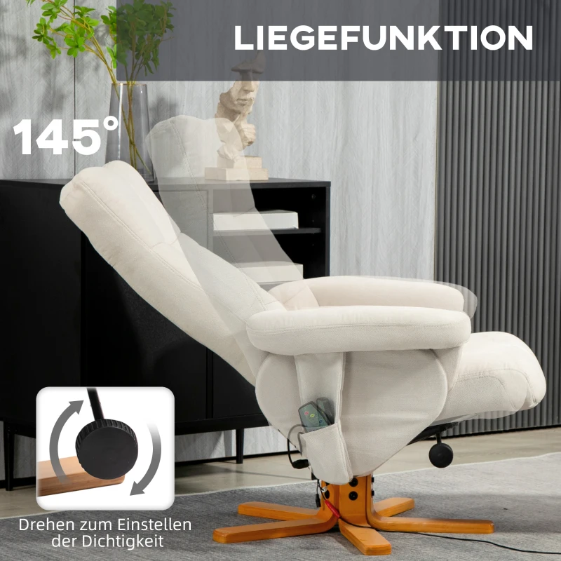 HOMCOM Massagestoel met Ligfunctie en Voetenbankje, 145°-Kanteling, Polyester, 80 x 86 x 99 cm, Crèmewit