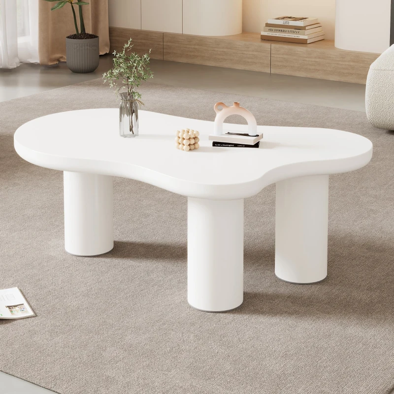 Table basse irrégulière en forme de nuage, plateau en MDF et pieds en PVC, avec sous-couche en feutre, Blanc