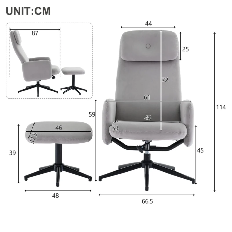 Fauteuil pivotant gris à 360° avec angle d'inclinaison réglable et repose-pieds, chaise de bureau, Gris