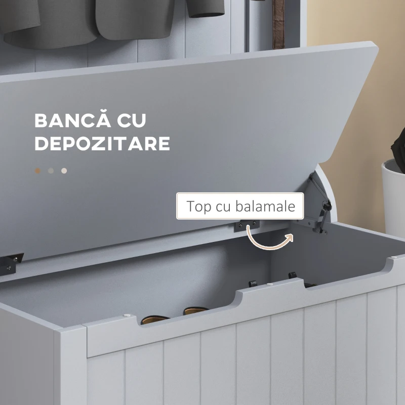 HOMCOM Cuier 3 în 1 cu 4 Cârlige, Bancă Depozitare și Cuier, Mobilier cu Spațiu de Depozitare, 71,5x39,5x170 cm, Gri(m-6)