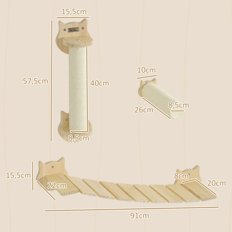 PawHut 3-delige Kattenklimset, wandgemonteerde Kattenboom met Krabpaal, Traptrede, Ladder, Natuurhout