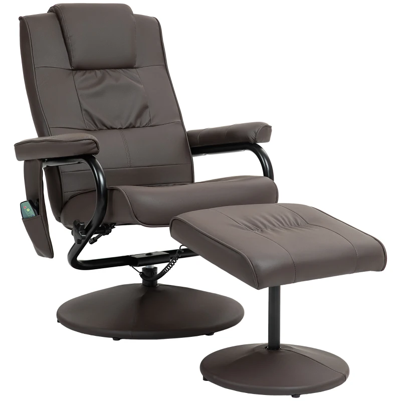 HOMCOM Poltrona de Massagem Elétrica com Banco para Apoiar os Pés Poltrona Relax Giratório Reclinável em até 145° com Controle Remoto e 10 Zonas de Massagem Estofado em PU 77x84x95 cm Marrom Escuro