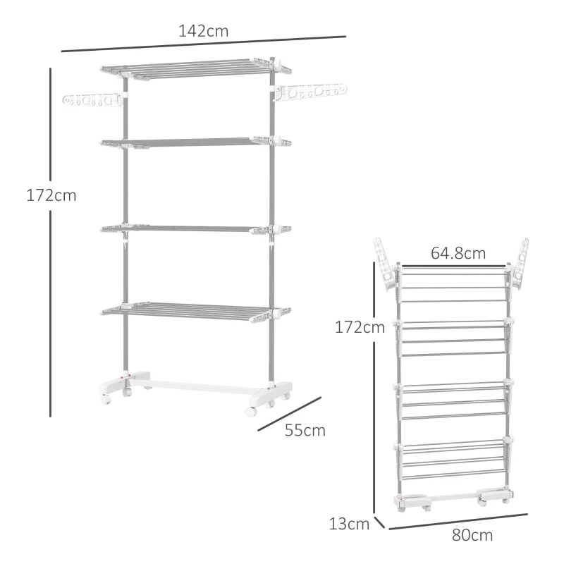 HOMCOM Uscător de Rufe Vertical Pliabil cu 6 Roți, Cârlige și 4 Rafturi Reglabile, 142x55x172 cm, Alb