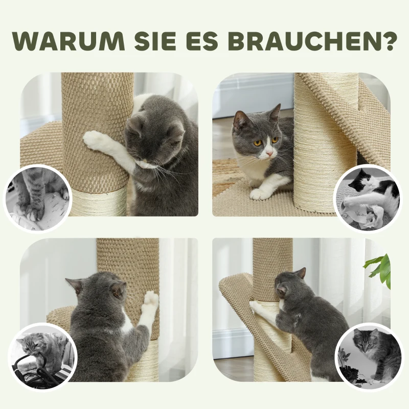 PawHut Krabpaal voor Katten, met Pad, Zuilen en Speelbal, Tapijt en Sisal, 84 cm, Lichtbruin