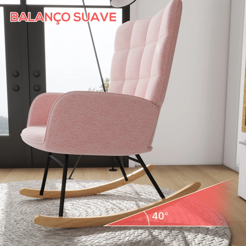 HOMCOM Poltrona Baloiço em Borrego com Oscilação de 40° Pés de Madeira de Faia e Estrutura de Aço 71x98x101 cm Rosa