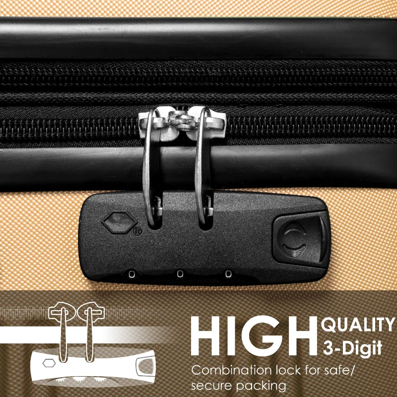 24" 4-Wheel ABS Hard Shell Travel Trolley Suitcase with Adjustable Handle, Luggage with Secure Lock, 45L × 28W × 69H cm, Golden