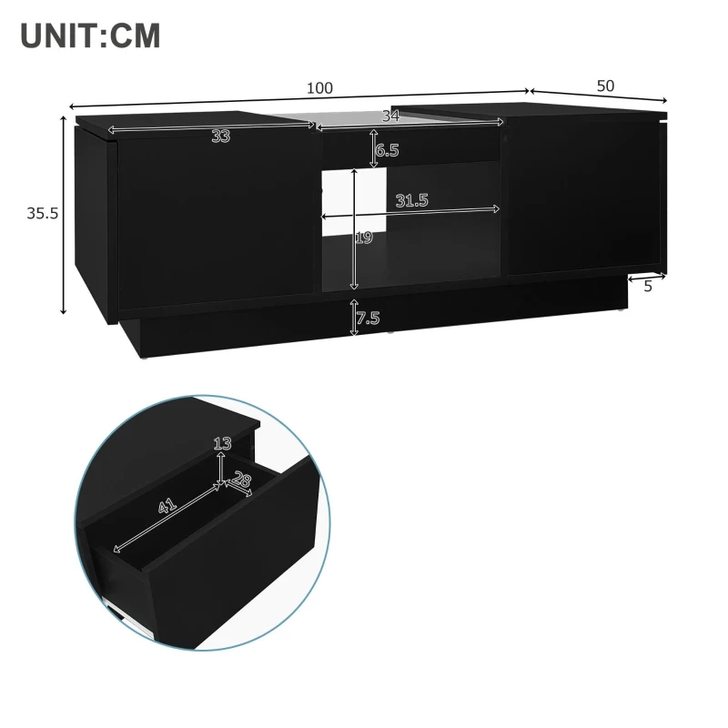 Table basse noire avec revêtement en verre, éclairage LED, contrôle par application,Noir