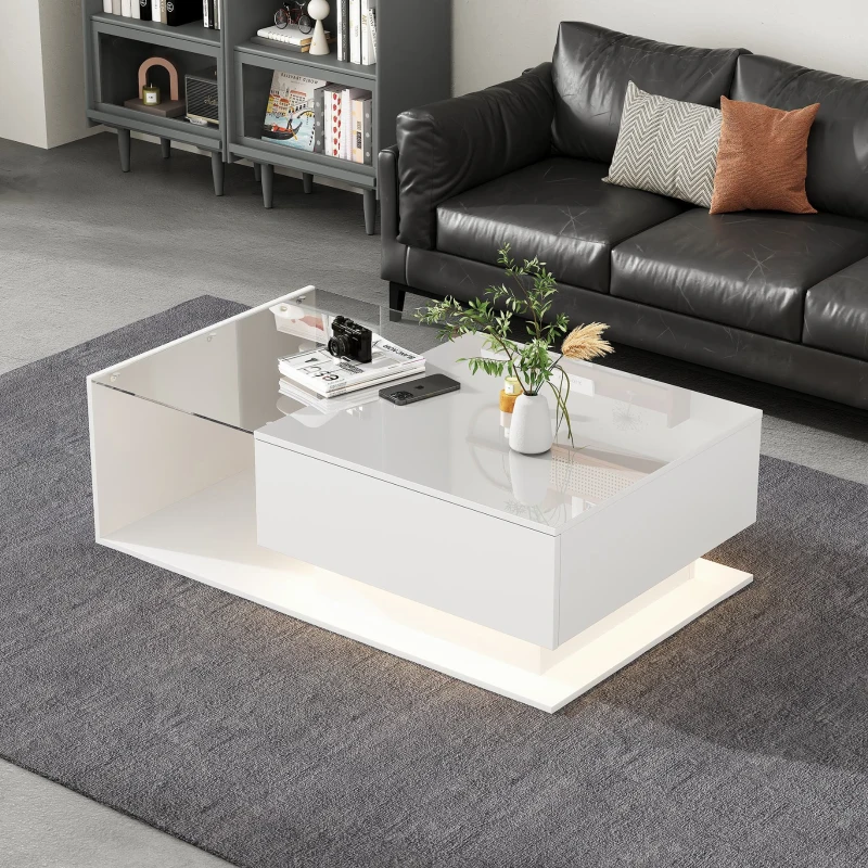 Couchtisch weiß hochglanz, Glasplatte LED, moderner Stil, mit Schublade, 32cm Höhe, weiß