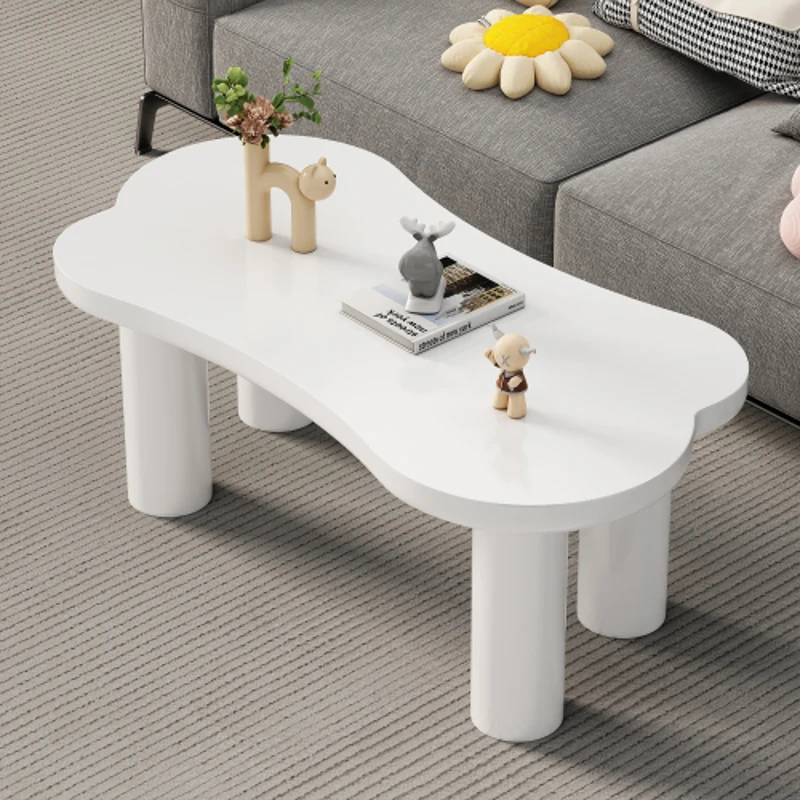 Tavolino da caffè irregolare a forma di osso, piano in MDF e gambe in PVC, con base in feltro, Bianco