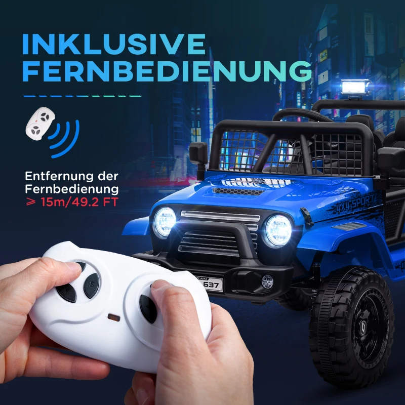 AIYAPLAY Elektrische Kinderauto met Zachte Veren, Afstandsbedienbaar, LED-Lichten, Toeter, 12V Motoren, van Kunststof en Metaal, Blauw(m-7)